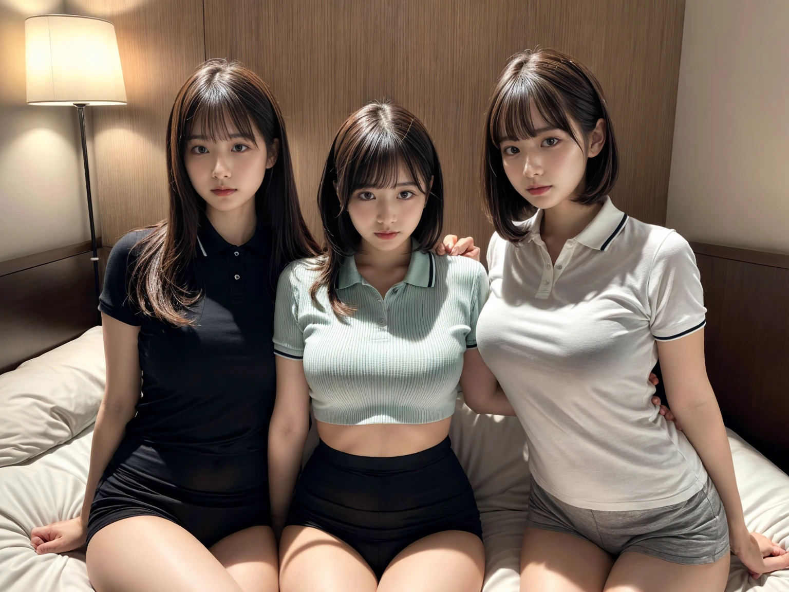 masterpiece, best quality, illustration, Super detailed, fine details, High resolution, 8K,wall paper, perfect dynamic composition,(Details High quality, realistic depiction of eyes:1.3), (3 girls), A tight polo shirt that expresses the roundness and softness of your chest., erotic shorts, sitting, open legs, short bob hair, in a hotel room in the background, deep on field, large breasts, black hair color, Big Natural Color Lip, (perfect body shape), crying a little、Harajuku style、20 year old girl、cute type、beautiful legs, Gravure Idol