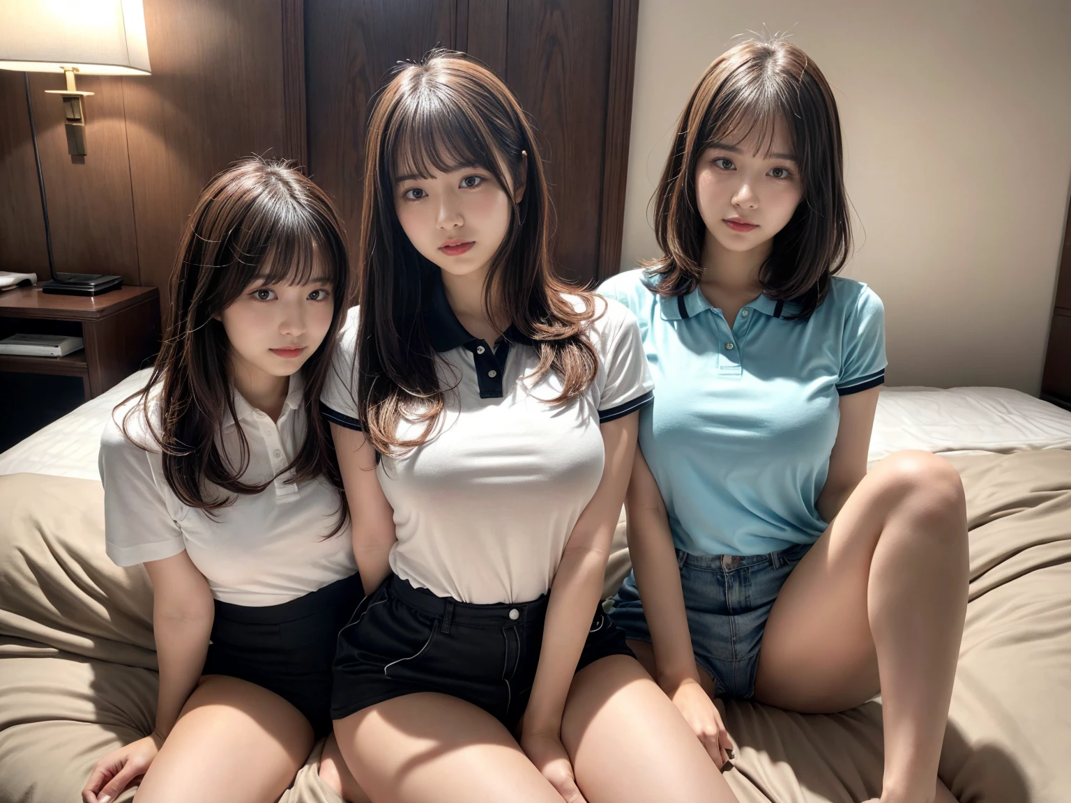 masterpiece, best quality, illustration, Super detailed, fine details, High resolution, 8K,wall paper, perfect dynamic composition,(Details High quality, realistic depiction of eyes:1.3), (3 girls), A tight polo shirt that expresses the roundness and softness of your chest., erotic shorts, sitting, open legs, short bob hair, in a hotel room in the background, deep on field, large breasts, black hair color, Big Natural Color Lip, (perfect body shape), crying a little、Harajuku style、20 year old girl、cute type、beautiful legs, Gravure Idol