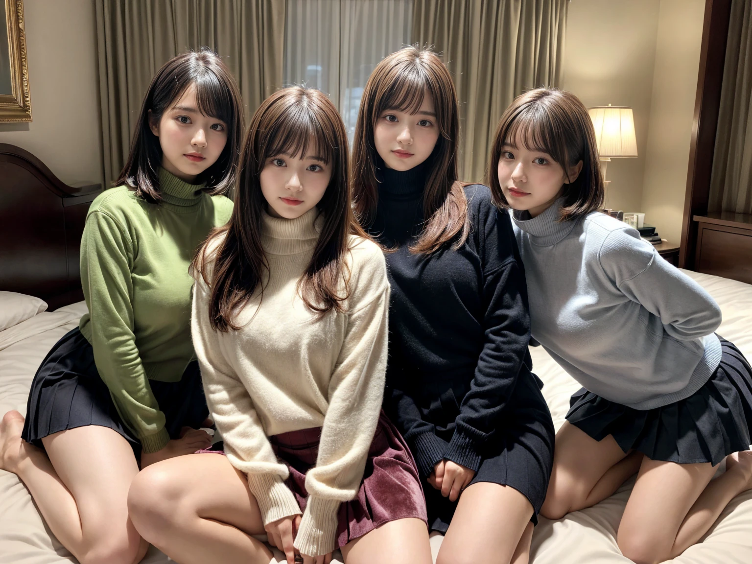 masterpiece, best quality, illustration, Super detailed, fine details, High resolution, 8K,wall paper, perfect dynamic composition,(Details High quality, realistic depiction of eyes:1.3), (3 girls), (Fleece jacket, turtleneck sweater, pleated skirt:1.2), sitting, open legs, short bob hair, in a hotel room in the background, deep on field, large breasts, black hair color, Big Natural Color Lip, (perfect body shape), crying a little、Harajuku style、20 year old girl、cute type、beautiful legs, Gravure Idol