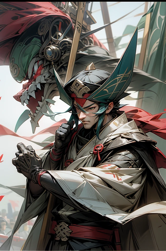 Close up of people holding flags near field, Chinese Fantasy,   Three Kingdoms of China，Zhuge Liang，Shirahane Fan，Strategize，Science Fiction，Mecha，male.