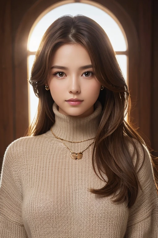 1girl, solo, long_hair, breasts, looking_at_viewer, brown_hair, photoshop_(medium), jewelry, necklace, sweater, turtleneck, photo_(medium), real_life