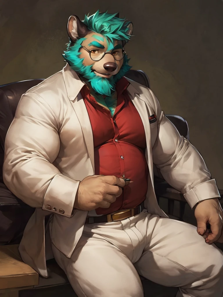 Solo, SemiMuscular Medium thin, male middle aged, anthro Stone marten, Master of Philosophy, Coat of a dark shade and a cream color , body beauty of a bluish-green tone, thin beard, Amber eyes, flirting, dynamic light, opened Shirt, Spectacles, thick shirt, Middle age, Teal  hair and beard, extremely hot and sexy, Daddy figure, hot daddy, by darkgem, by zixiong, by glitter trap boy