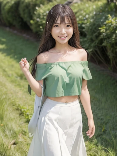 Japanese female, (underweight), (flat chest best quality:1.5), (cheerful grin:1.5),
grassland, walking, wave hair, (green off shoulder top), (white skirt), in the grassland, (with a tree), light atmosphere, (wide shot), ground-level shot