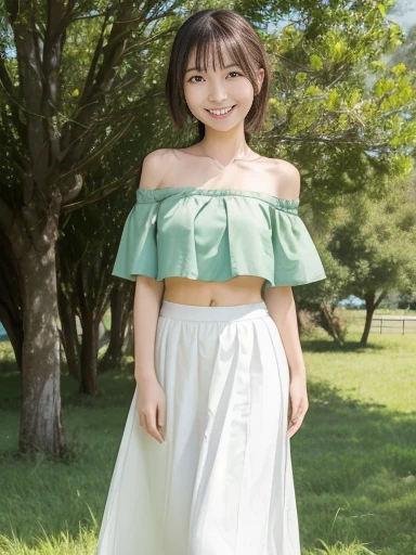 Japanese female, (underweight), (flat chest best quality:1.5), (cheerful grin:1.5),
grassland, walking, wave hair, (green off shoulder top), (white skirt), in the grassland, (with a tree), light atmosphere, (wide shot), ground-level shot