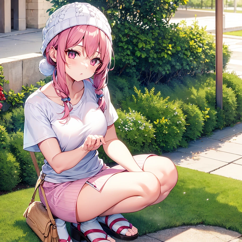 Knitted hat Pink Eyes White short sleeve T-shirt White sandals girl