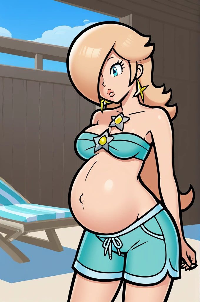 score_9, score_8_up, 1girl, solo, rosalina, style parody, thick outlines, blue bikini, shorts, pregnant belly, sleeveless, strapless, cleavage, indoors, beach,