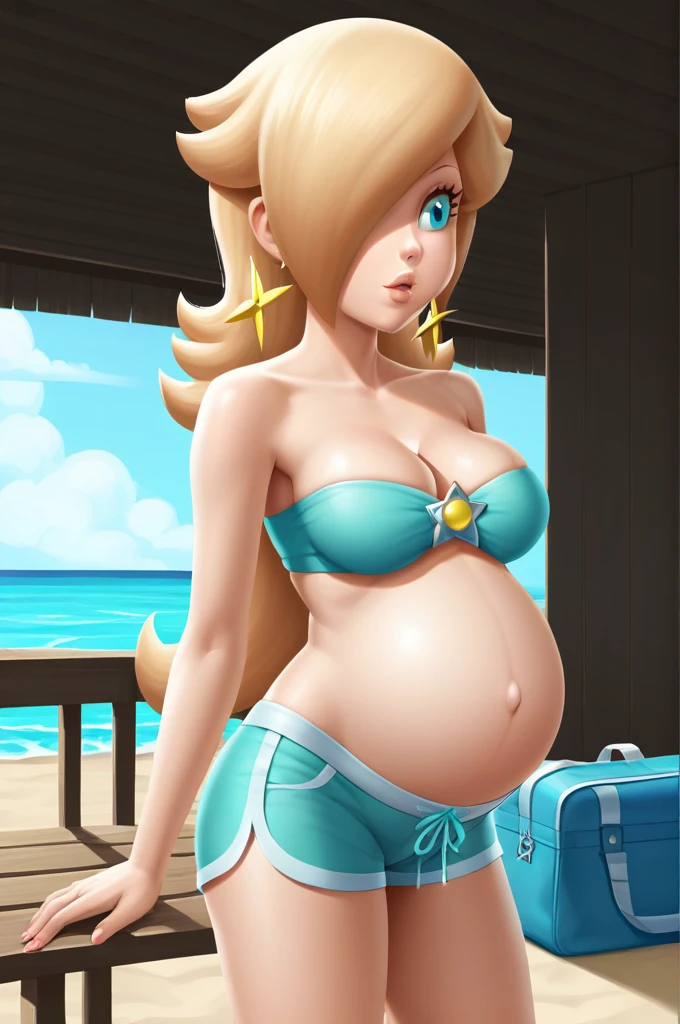 score_9, score_8_up, 1girl, solo, rosalina, style parody, thick outlines, blue bikini, shorts, pregnant belly, sleeveless, strapless, cleavage, indoors, beach, 
