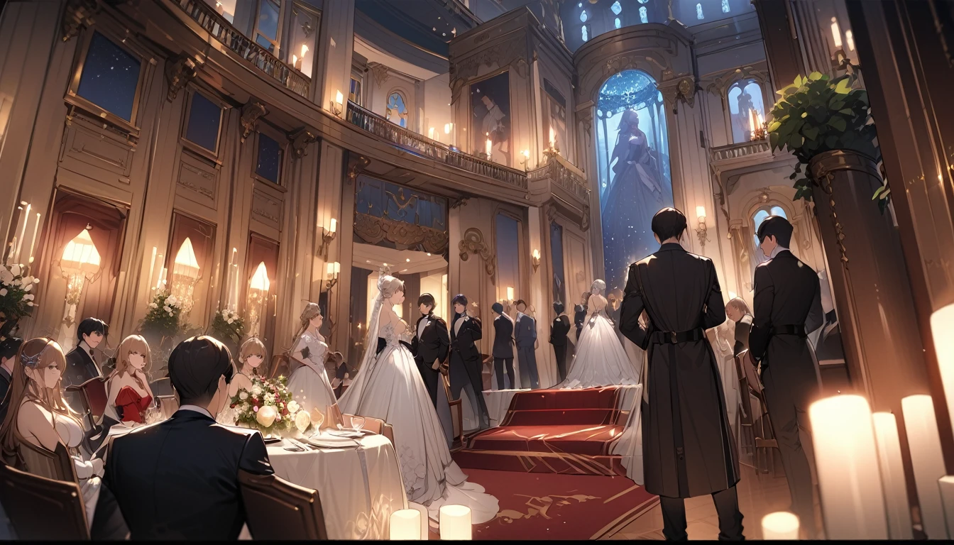 (masterpiece、premium quality、ultra detailed) , (4girl) , (3boy),Gathering of kings and queens of the nations, elegant dinner, inside the most beautiful mansion, at night, armed guards watching the scene.