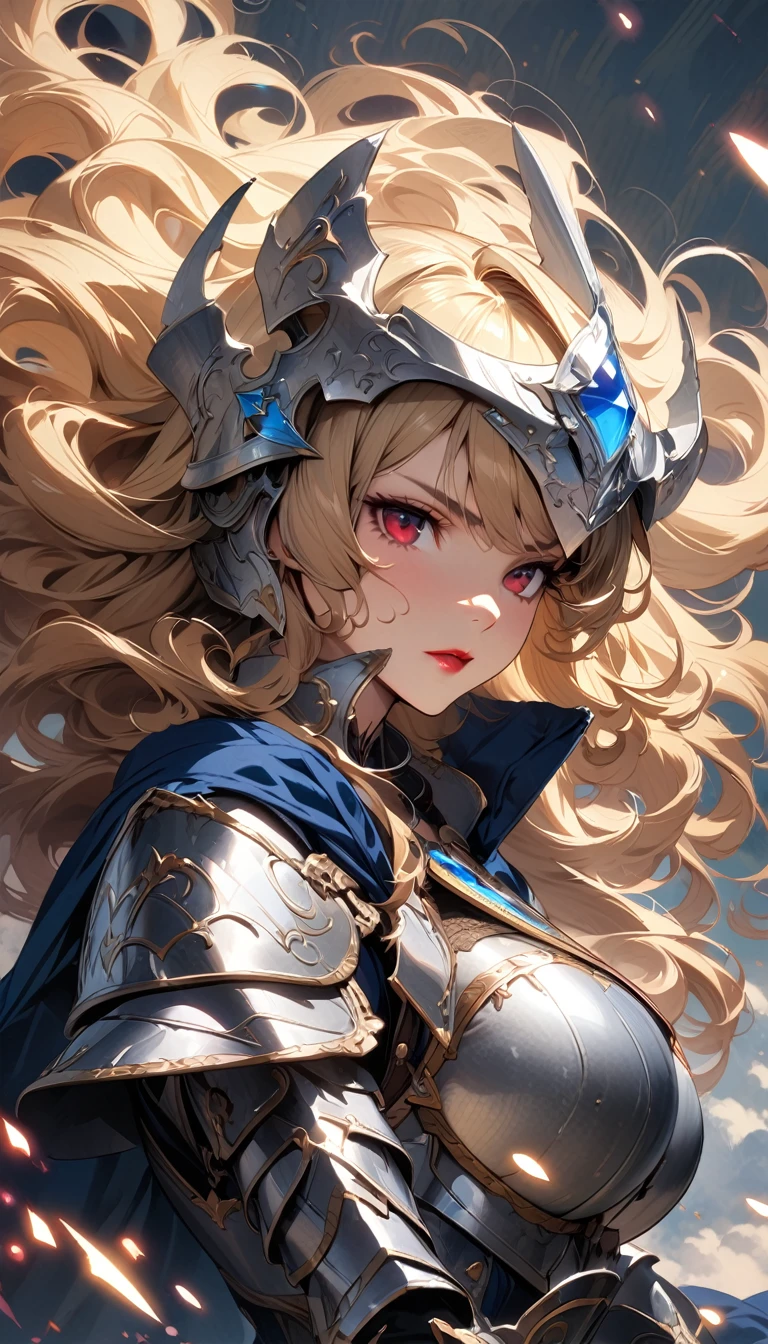 (best quality), (very aesthetic), (ultra-detailed), (best illustration), 1 woman, Solo, fine texture, light blonde hair, long hair, curly hair, dark red eyes, lipstick, (large breasts1.2), Western Armor, Silver Armor, Silver helmets, light Blue gemstone decoration, Blue cape, ready a sword