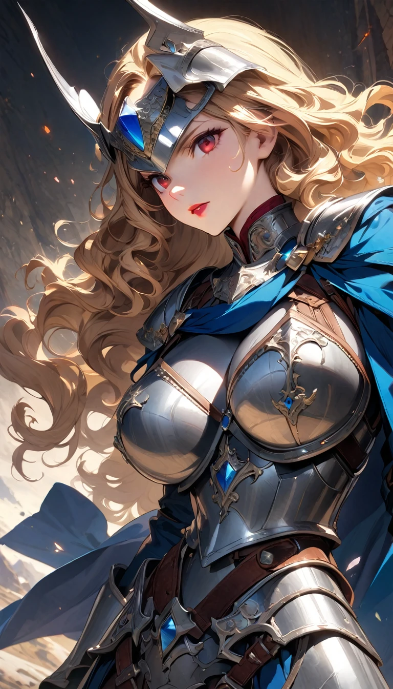 (best quality), (very aesthetic), (ultra-detailed), (best illustration), 1 woman, Solo, fine texture, light blonde hair, long hair, curly hair, dark red eyes, lipstick, (large breasts1.2), Western Armor, Silver Armor, Silver helmets, light Blue gemstone decoration, Blue cape, ready a sword