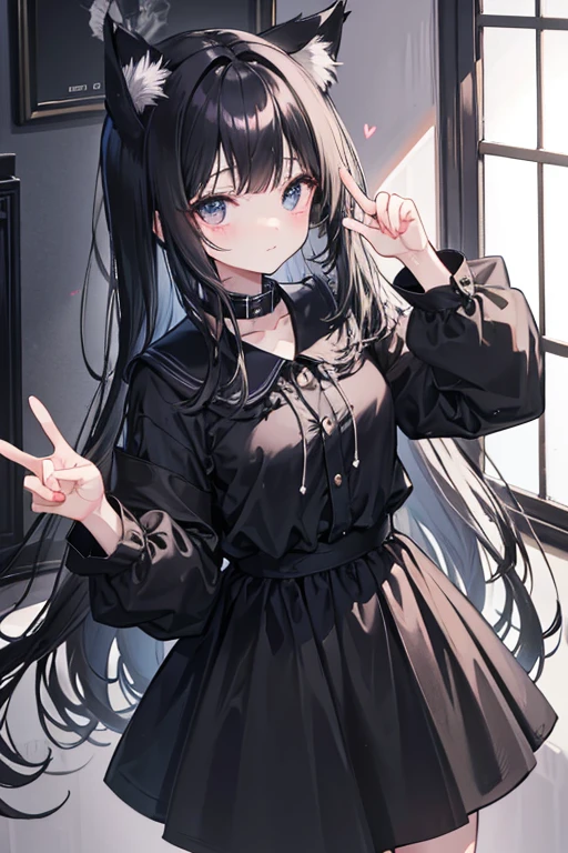 Thinned black hair、Messy hair、Make a peace sign、Black fluttering clothes、cute、Stylish、Black cat ears、Wearing a collar、magic、Fantasy、Young Girl、