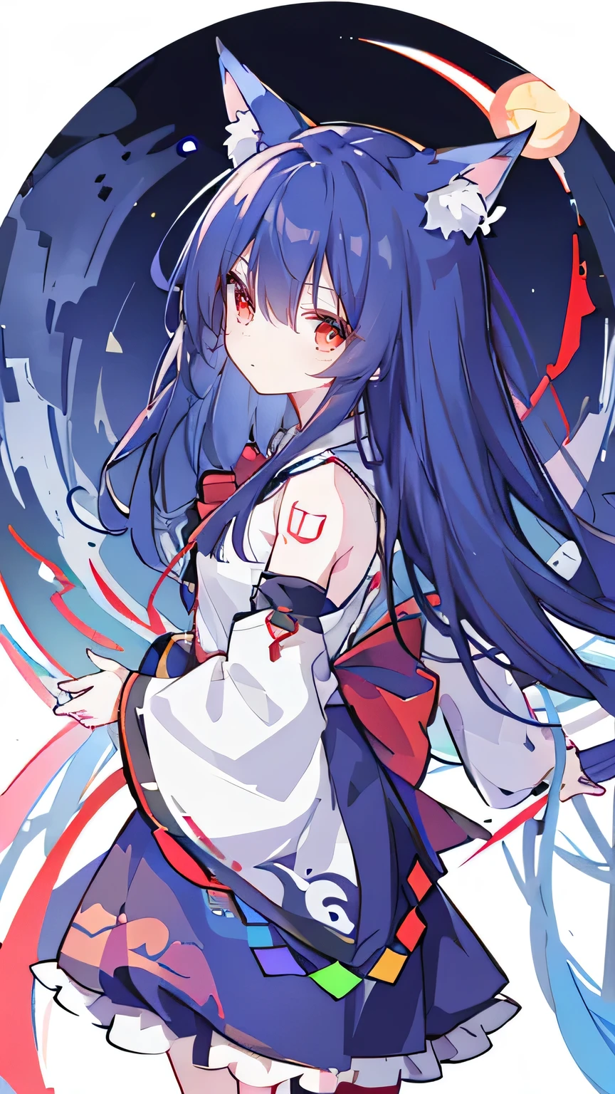 1girll, themoon, The bird, star_\(Skysky\), long_hair, starry_sky, ((Blue_hair))), critters, Wide_sleeves, natta, florals, night_sky, embrace, very_long_hair, full_moon, looking_at_viewer, ribbon_trim, Ribbon trimmed_sleeves, long_sleeves, a skirt, red_eyes, solo, japanese_clothes, Skysky,((medium)), ((Tattooed with))), fox ear, fox tails, girl fox,