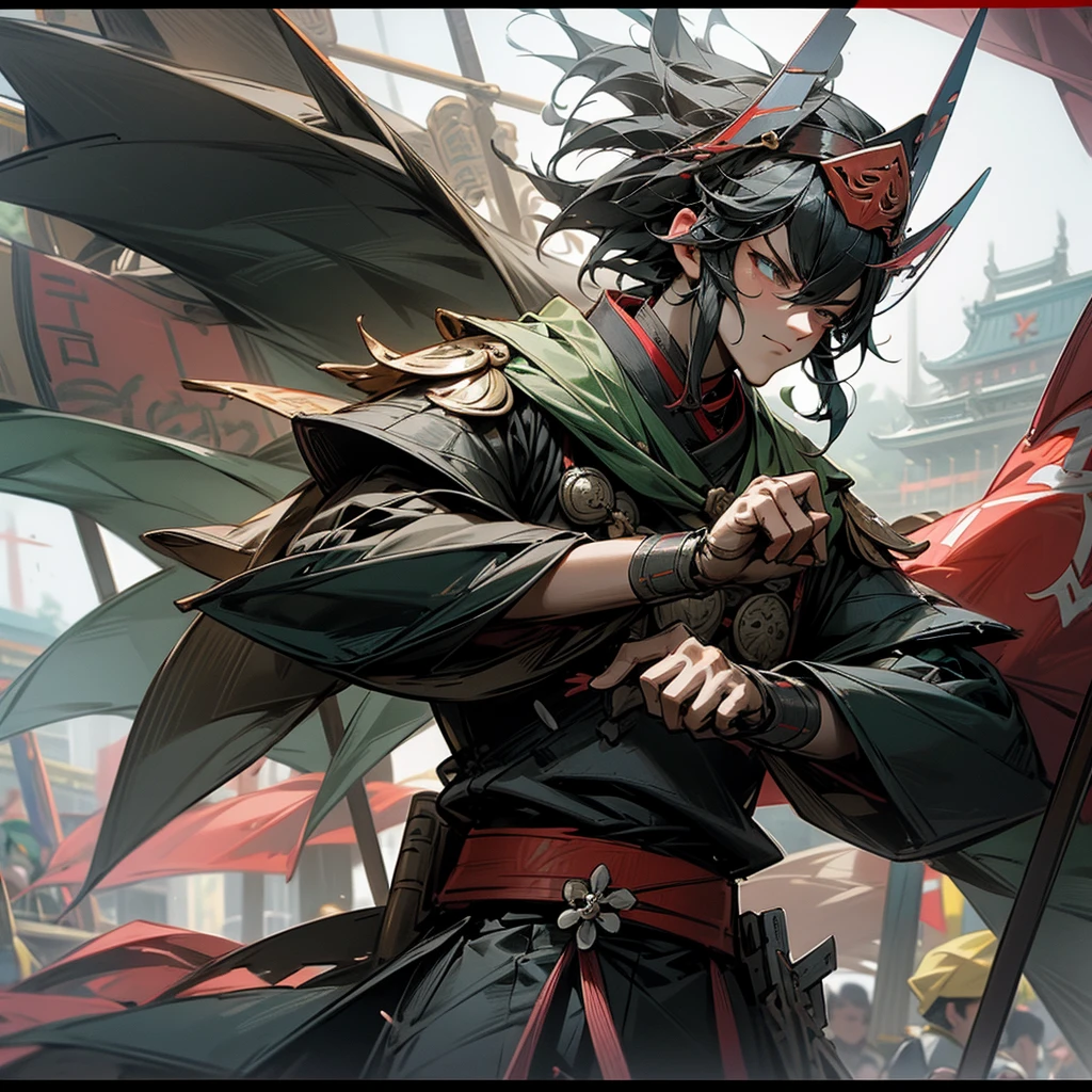 Close up of people holding flags near field, Chinese Fantasy, Three Kingdoms of China,Zhuge Liang,Shirahane Fan,Strategize,Science Fiction,Mecha,male.