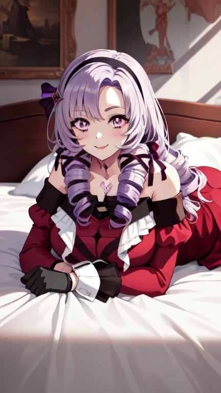 (best quality, masterpiece, RAW photo,ultra-detailed:1.2), 1girls, solo,castle, queen room, lying on bed, smile,
hmsalome, drill hair, parted bangs, black hairband, ribbon, purple eyes, large breasts, tattoo, red dress, long sleeves, bare shoulders, black gloves