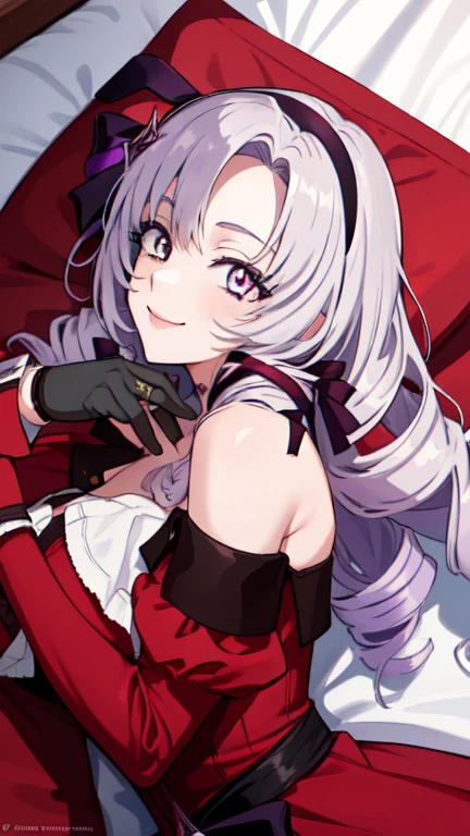 (best quality, masterpiece, RAW photo,ultra-detailed:1.2), 1girls, solo,castle, queen room, lying on bed, smile,
 hmsalome, drill hair, parted bangs, black hairband, ribbon, purple eyes, large breasts, tattoo, red dress, long sleeves, bare shoulders, black gloves