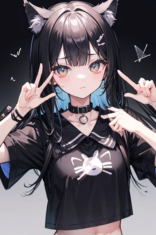 Thinned black hair、Messy hair、Make a peace sign、Black fluttering clothes、cute、Stylish、Black cat ears、Wearing a collar、Taunt、Likes and likes appeal、♡、