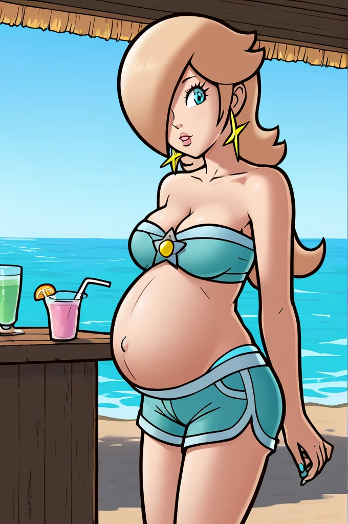 score_9, score_8_up, 1girl, solo, rosalina, style parody, thick outlines, blue bikini, shorts, pregnant belly, sleeveless, strapless, cleavage, indoors, beach,