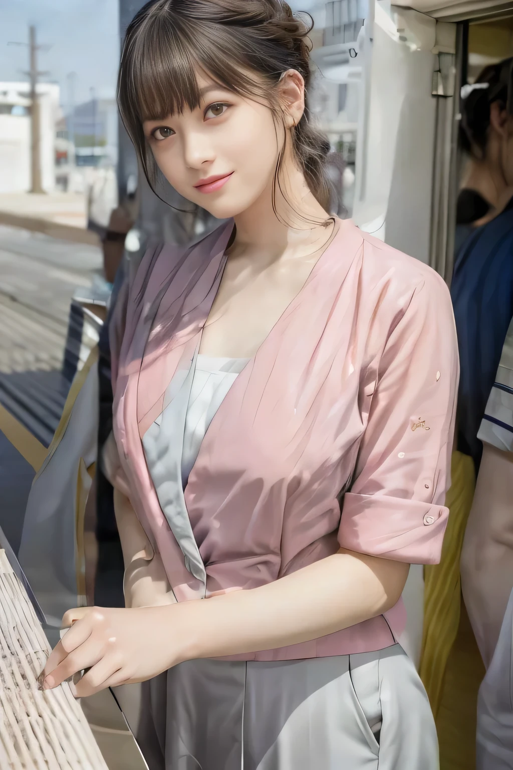 (masterpiece:1.2, Highest quality:1.2), 32k HDR, High resolution, (alone、1 girl)、(On the roof of a building in the daytime、Professional Lighting)、Building rooftop background、(Nankai train crew uniform pinkを着たリアルスタイル)、(Nankai Railway crew uniform, pink, short sleeve, collarless, pink jacket、No-collar short-sleeve blouse、Grey knee-length culottes)、((The bottom of the pink short-sleeved jacket cannot be tucked into the clay-colored culottes..))、Dark brown hair、(Hair tied up、Chignon)、Dark brown hair、Long Shot、Big Breasts、Thin legs、((Great hands:2.0)),((Harmonious body proportions:1.5)),((Normal limbs:2.0)),((Normal finger:2.0)),((Delicate eyes:2.0)),((Normal eyes:2.0)))、smile、(A beautiful figure showing off the Nankai Railway crew uniform)、Bring your hands down