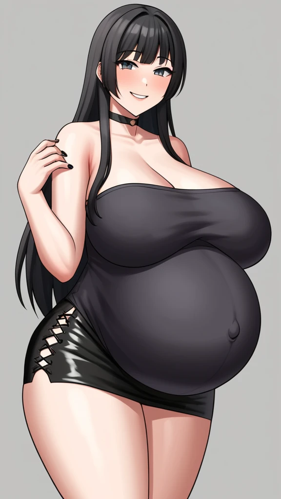 ashleyvk, 1girl, solo, black hair, big breasts, choker, long hair, anime coloring, bare shoulders, mini skirt, smile, pregnant, huge belly, black nails