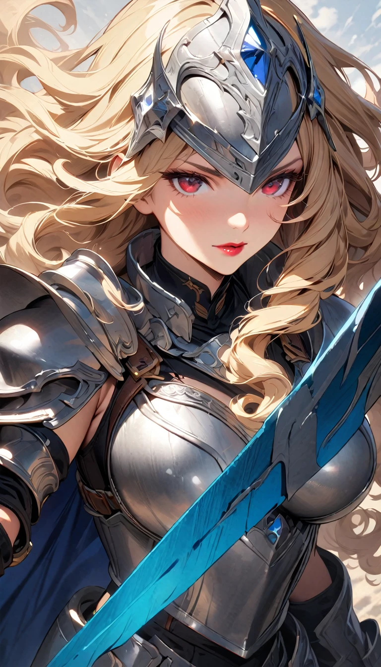 (best quality), (very aesthetic), (ultra-detailed), (best illustration), 1 woman, Solo, fine texture, light blonde hair, long hair, curly hair, dark red eyes, lipstick, (large breasts1.2), Western Armor, Silver Armor, (Silver helmets1.2), light Blue gemstone decoration, Blue cape, (hold a sword in both hands1.2)