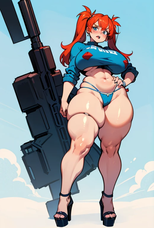 Young girl, Pullover, blue bikini, mini bikini, whole body to see, disgusting face, angry, scream, pigtails hair , (( very wide hips)), (((colossal Thighs, gigantic thighs, very huge thighs, very big thighs))), fullbody, platform heels, freckled skin, big breast, holding gun, soldier girl , leg garter, standing, front pose, redhead, body freckles,