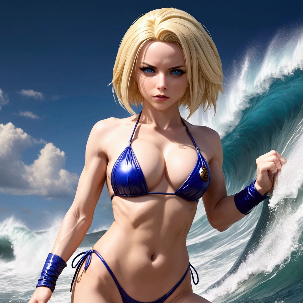 a woman(DBZ Android 18) with blonde hair wearing a sexy bikini, intense gaze, channeling power, surfing a big wave, highly detailed, hyper realistic, 8k, photorealistic, masterpiece, dramatic lighting, vibrant colors, dynamic composition, intricate details, cinematic, epic scale, powerful energy, dragon ball z inspired (show her entire body, show all of her)