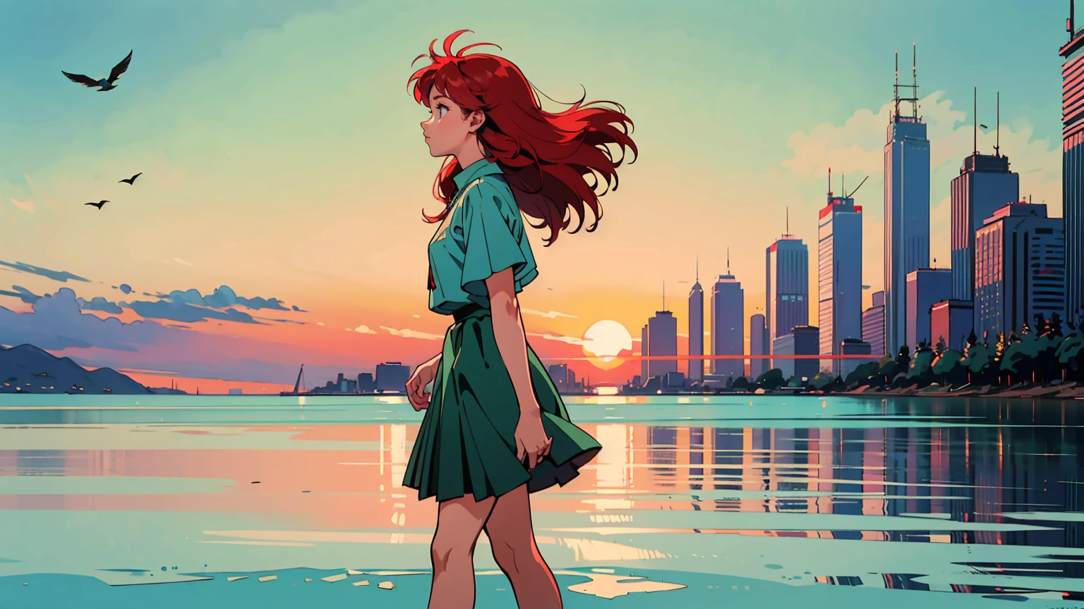 Highest quality, 8k, 1990s style, Hairstyles of the 2010s, 21 year old girl, Red hair, Long Hair, Green Eyes, City Pop, skirt, Walking on the beach, whole body, Sunset beach background, Looking up at the birds, Attractive profile