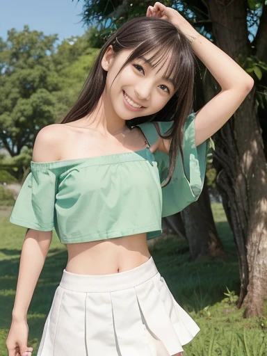 Japanese female, (underweight), (flat chest best quality:1.5), (cheerful grin:1.5),
grassland, walking, wave hair, (green off shoulder top), (white mini skirt), in the grassland, (with a tree), light atmosphere, (wide shot), ground-level shot