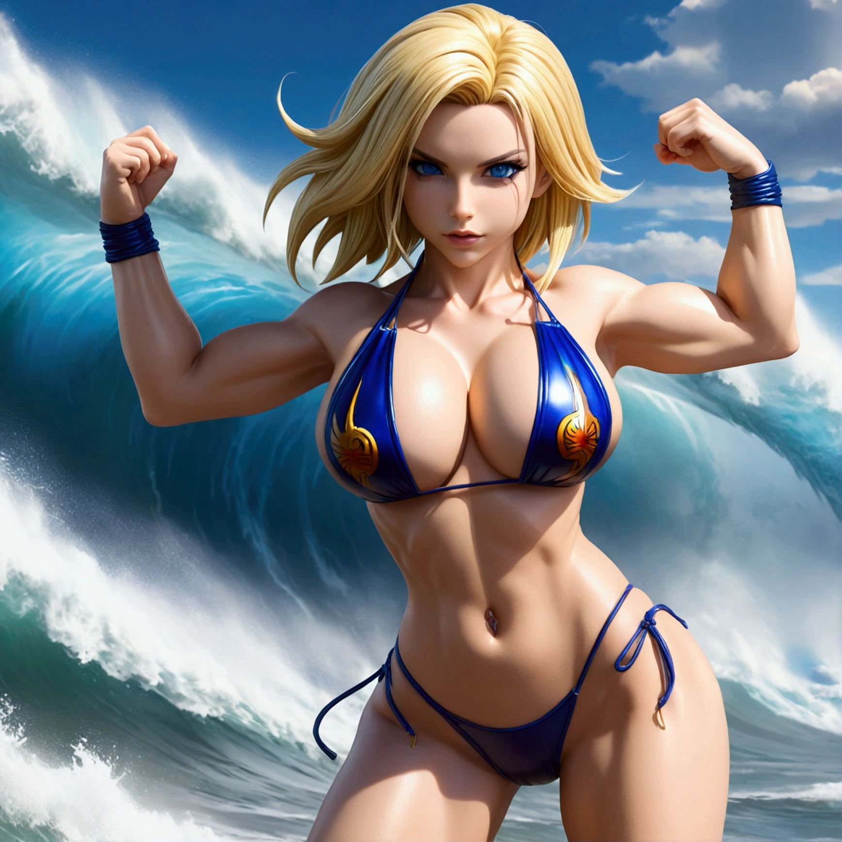 a woman(DBZ Android 18) with blonde hair wearing a sexy bikini, intense gaze, channeling power, surfing a big wave, highly detailed, hyper realistic, 8k, photorealistic, masterpiece, dramatic lighting, vibrant colors, dynamic composition, intricate details, cinematic, epic scale, powerful energy, dragon ball z inspired (show her entire body, show all of her)
