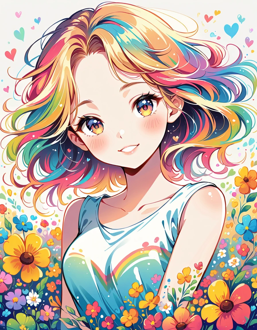 Wearing a sleeveless dress、Light rainbow hair、A big smile、most beautiful girl of all time、Lips in Love、Colorful flowers、colorful hearts, Simple line initials、Abstract art、Urban Background