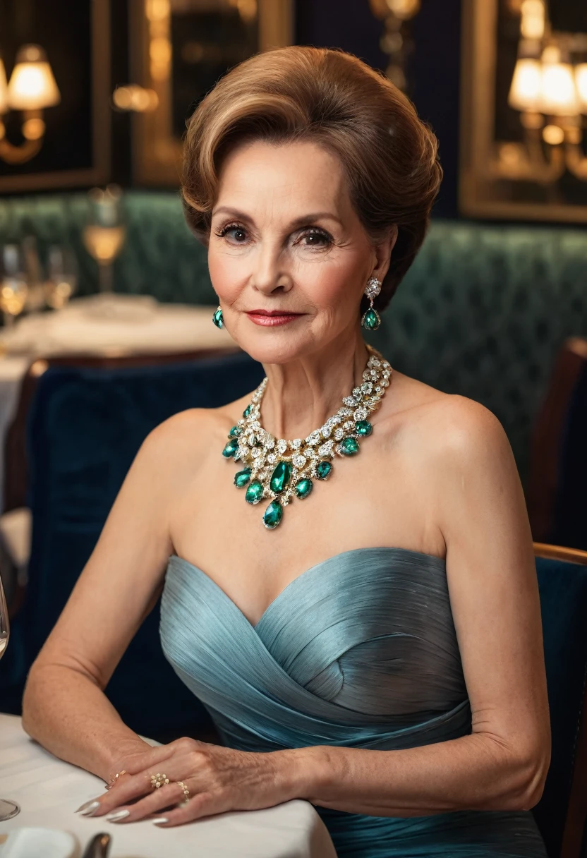 Beautiful woman with soft features in her 60s, wearing evening dress with expensive jewelry posing sitting at a table in a fine and expensive restaurant, (8k, CRU photo, best qualityer, high detail,)
