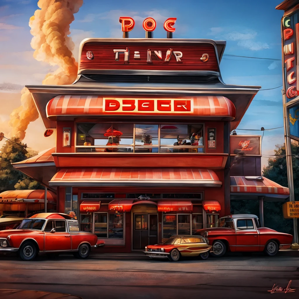 Diner with a giant M on top with a truchei car drive smoking through the chimney