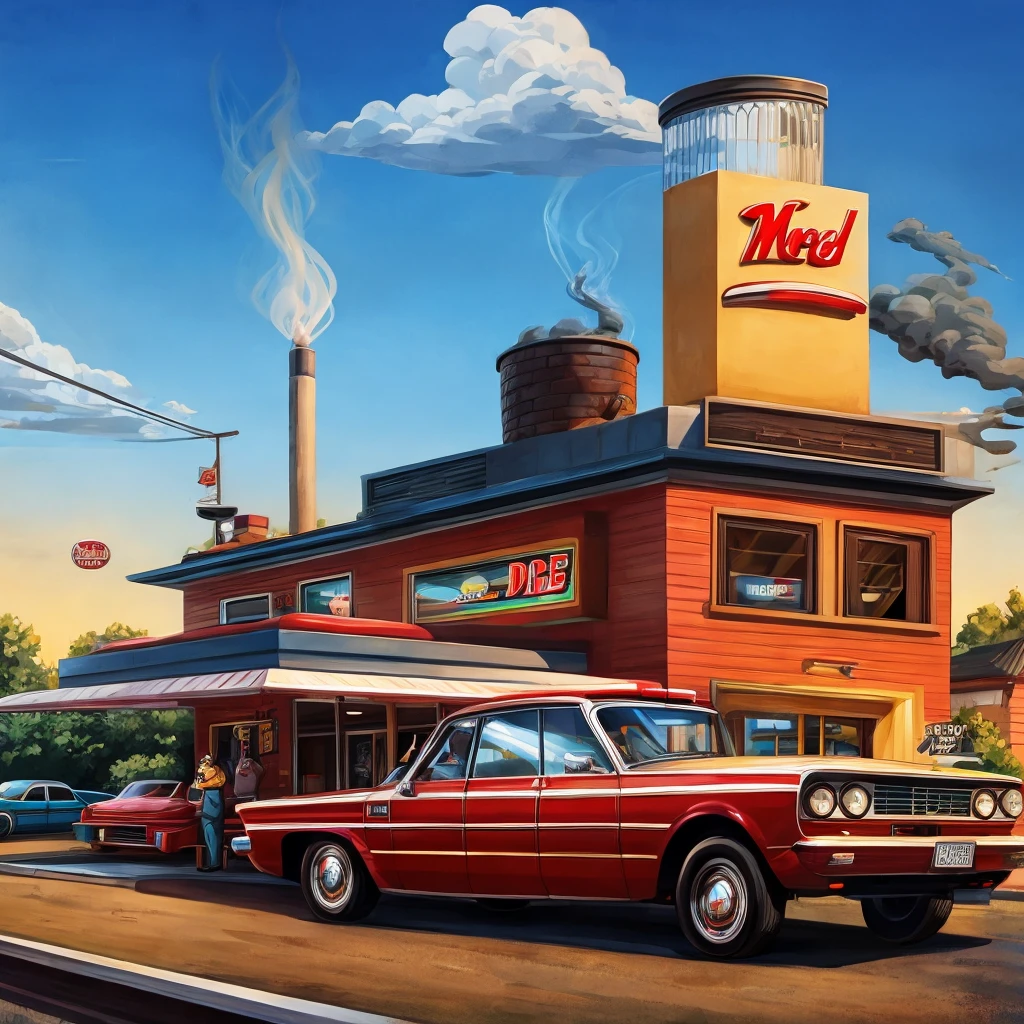 Diner with a giant M on top with a truchei car drive smoking through the chimney