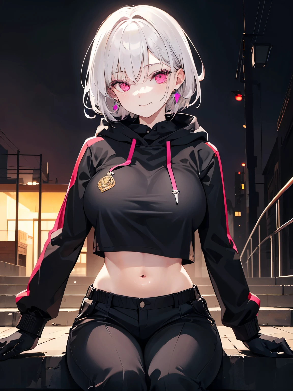 albino, girl, Backstreets, dark, Bright with neon lights, Large Breasts, Pink Eyes, Glowing Eyes, Black clothes, Red decoration, Sitting cross-legged, close, Looking into the camera, nice, short, dark shadow, Gray Hair, Durable clothing, Have, uniform, arms, Older Woman, bare navel, Less exposed skin, Exposing shoulders, Thick hoodie, smile, Wink, sword, gloves, Long trousers, Six Pack, muscle, Sitting on the stairs, dark, police, Earrings, Right, Night view, profile, Upper body only, Strange Eyes, hair falls into eyes 、The spine is in the right position.、There&#39;s a white wolf next to me、持っているのは黒と白の短sword、Long Hair、He&#39;s wearing a hood but his face is clearly visible.