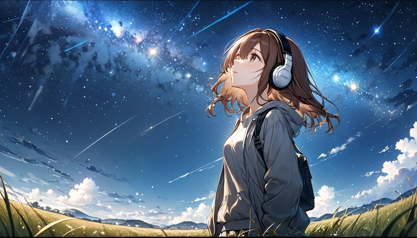 Brown-haired girl wearing headphones、Starry Sky Study - Highly Detailed、masterpiece, Highest quality, Bright - Starry background、Calm expression、Casual clothing、Looking up at the stars in the grassland
(Detailed fingers), (Emotional), (Breathtakingly beautiful), (main part:1.2 Whole body), (Anime Style), (Very detailed), (超High resolution, High resolution), (8k), (Complex and beautiful: 1.2)