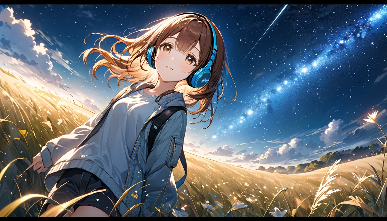 Brown-haired girl wearing headphones、Starry Sky Study - Highly Detailed、masterpiece, Highest quality, Bright - Starry background、Calm expression、Casual clothing、Looking up at the stars in the grassland
(Detailed fingers), (Emotional), (Breathtakingly beautiful), (main part:1.2 Whole body), (Anime Style), (Very detailed), (超High resolution, High resolution), (8k), (Complex and beautiful: 1.2)