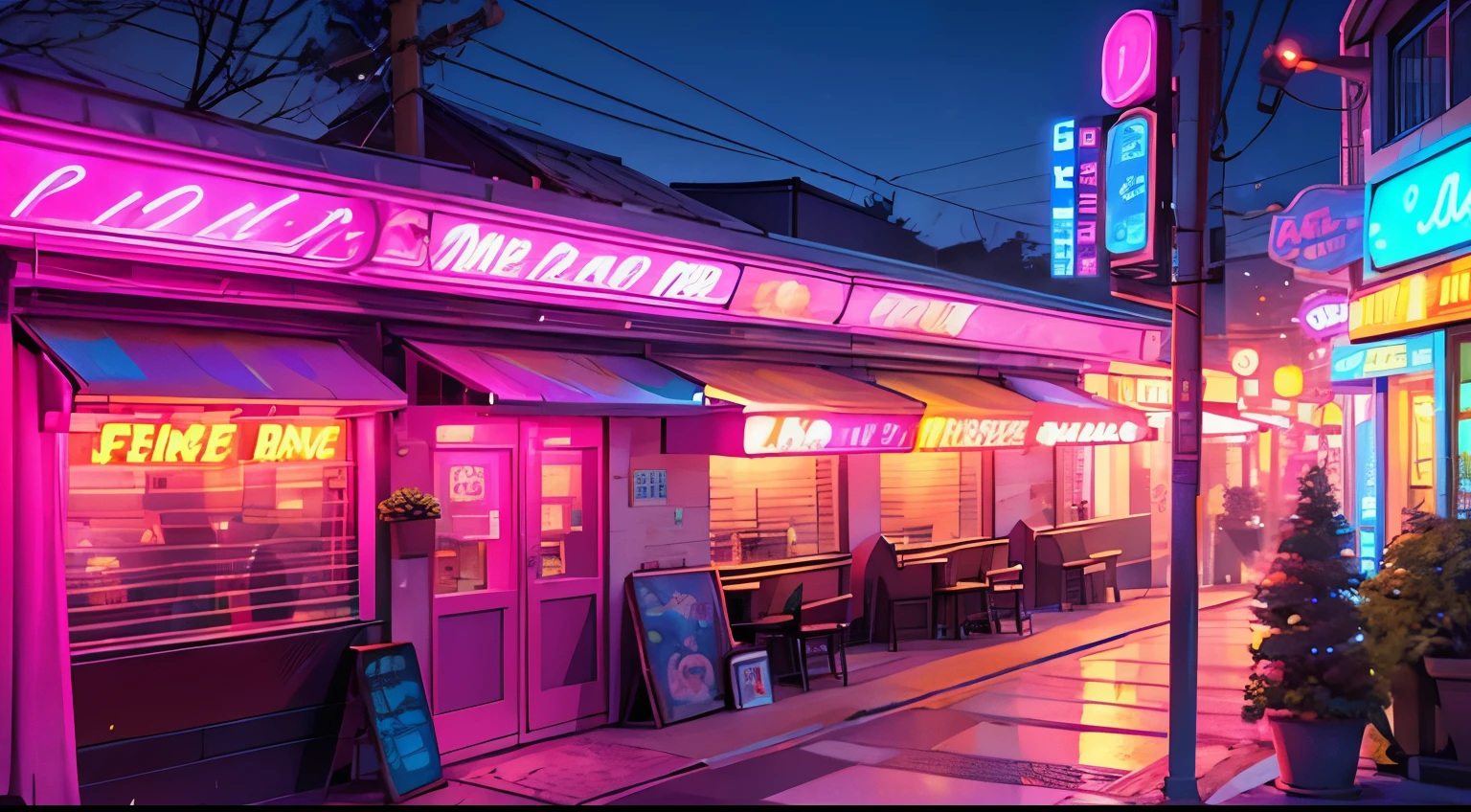 The exterior of a large, impressive detached diner decorated with flashy, colorful neon lights.、Shocking pink is the theme