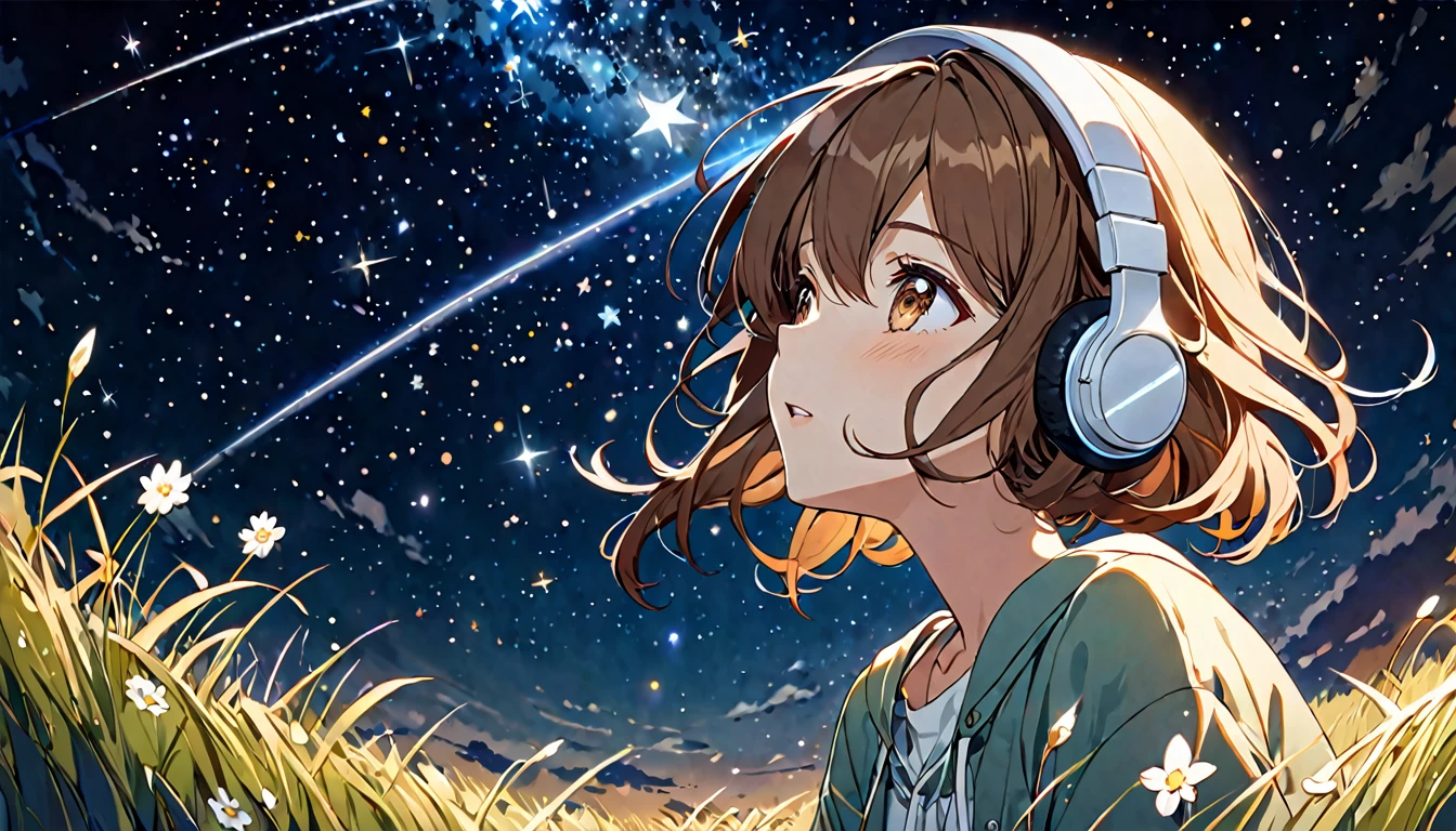 Brown-haired girl wearing headphones、Starry Sky Study - Highly Detailed、masterpiece, Highest quality, Bright - Starry background、Calm expression、Casual clothing、Looking up at the stars in the grassland
(Detailed fingers), (Emotional), (Breathtakingly beautiful), (main part:1.2 Whole body), (Anime Style), (Very detailed), (超High resolution, High resolution), (8k), (Complex and beautiful: 1.2)