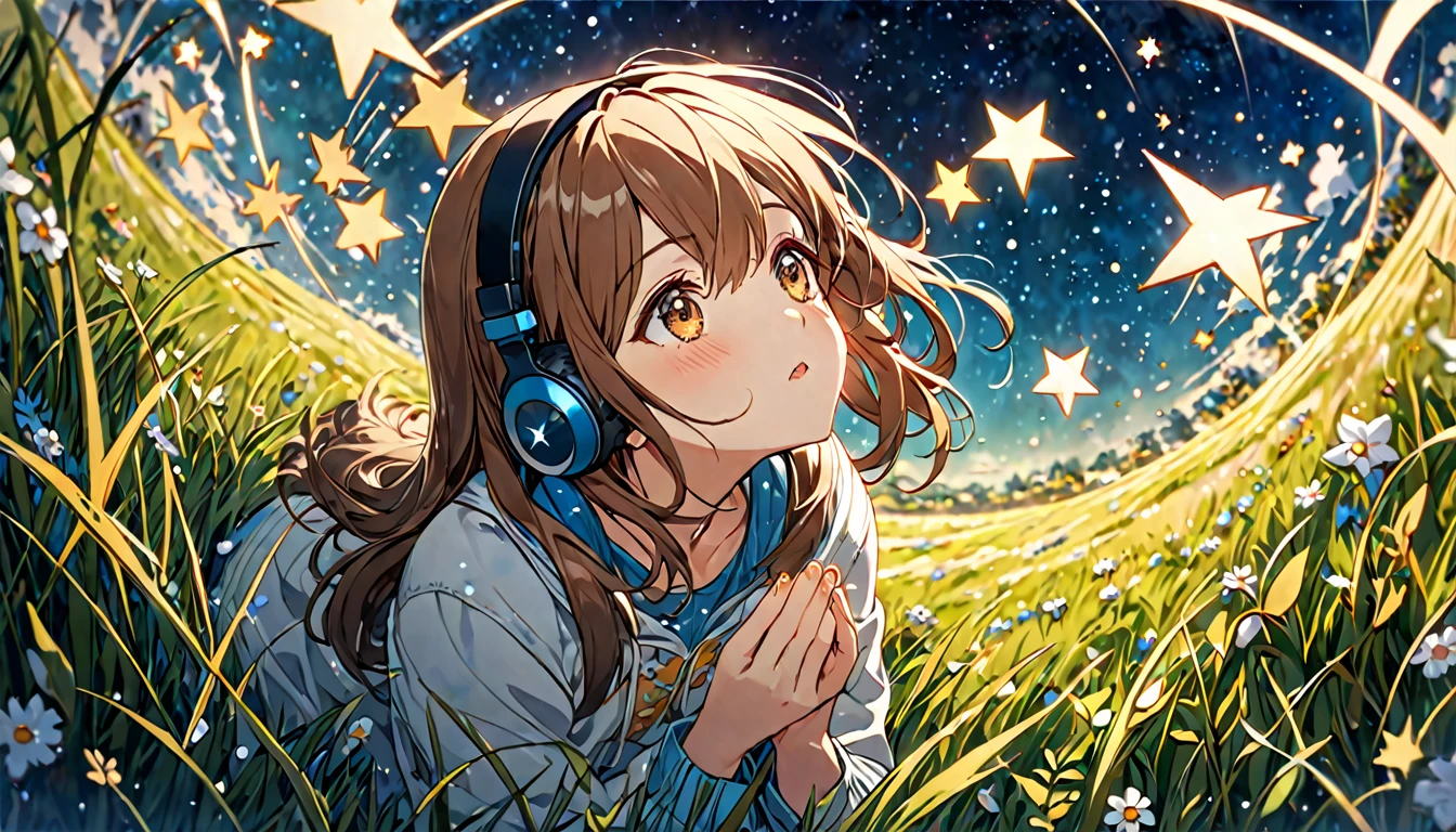Brown-haired girl wearing headphones、Starry Sky Study - Highly Detailed、masterpiece, Highest quality, Bright - Starry background、Calm expression、Casual clothing、Looking up at the stars in the grassland
(Detailed fingers), (Emotional), (Breathtakingly beautiful), (main part:1.2 Whole body), (Anime Style), (Very detailed), (超High resolution, High resolution), (8k), (Complex and beautiful: 1.2)