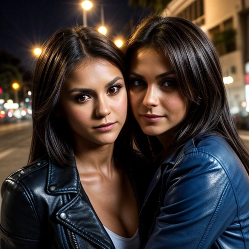 Best quality, realistic, from the front in first person, Nina Dobrev on the street of Los Angeles, (a female mexican Supermodel), (sexy blue leather jacket:1.1), split, seductive smile, (dark hair), (hairstyle:1.0), Perfect eyes, sharp parts, detailed face, face-makeup, cheeks turn red, Eyeliner, eyeshadow, lip gloss, Supermodel, (Deep Focus), (hard lighting), (Night time), (realistic lighting:1.0) (( two lesbians kiss and hug))