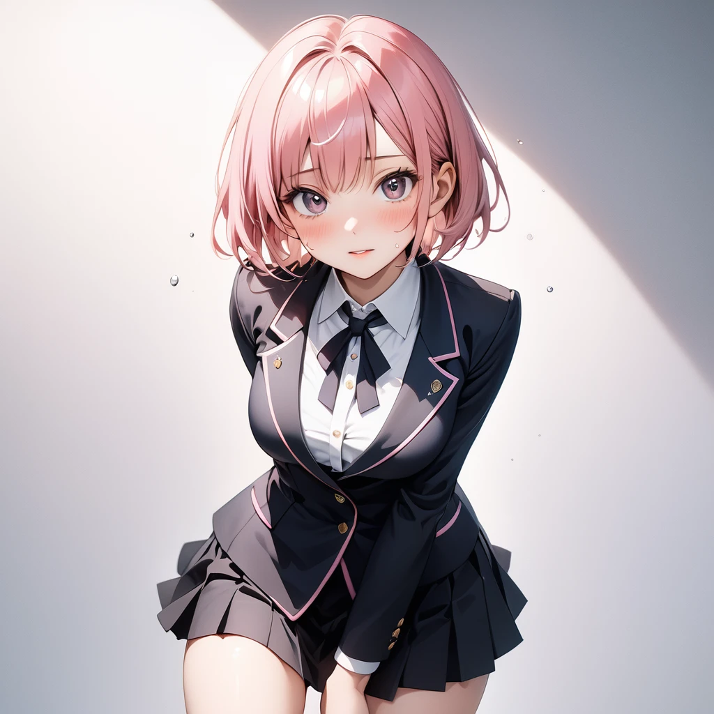 (((Woman in formal uniform, skirt))), skindentation, skinny, solo, 1 woman, Masterpiece, highest quality, highest quality, 16K, incredibly absurd, highly detailed, 2.5D, ai-generated, delicate and dynamic, very delicate facial expressions, delicate eye depiction, erotic, only sexy woman, ((A cute and kind face)), healthy figure, ((25-year-old woman)), 160cm tall, medium firm swaying bust, (short hair), (pink hair:1.5), bob cut, black eye, blush, Sweat,Embarrassed,sexy, ((thin thighs)), (camel toe:0.7), (visible nipples:0.3), (Erect nipples,:0.7), shiny and lustrous, facing straight at viewer, (((in heat))), ((Oily_skin)), ((dutch angle)), ((erotic pose)), (Background inspired by the sound of a siren),