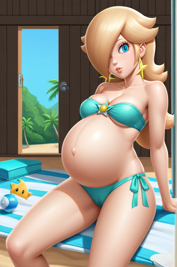 score_9, score_8_up, 1girl, solo, rosalina, style parody, thick outlines, bikini, strappy bikini, panties, pregnant belly, sleeveless, strapless, cleavage, indoors, beach,