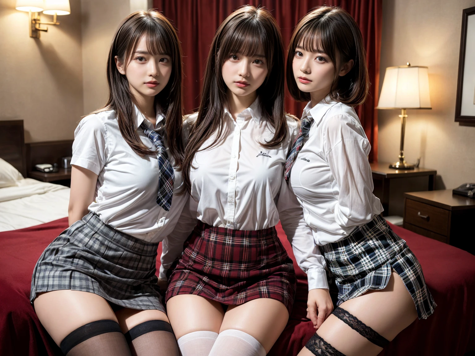masterpiece, best quality, illustration, Super detailed, fine details, High resolution, 8K,wall paper, perfect dynamic composition,(Details High quality, realistic depiction of eyes:1.3), (3 girls), (white school shirt :1.2), (plaid skirt :1.3), tie black, black thigh-high stockings, sitting, open legs, short bob hair, in a hotel room in the background, deep on field, large breasts, black hair color, Big Natural Color Lip, (perfect body shape), crying a little、Harajuku style、20 year old girl、cute type、beautiful legs, Gravure Idol