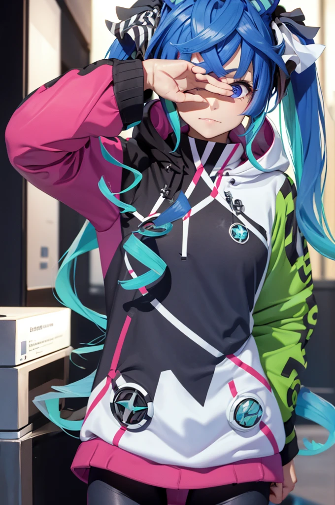 (​masterpiece、top-quality、hight resolution、Unity 8k、extremely details CG:1,Best Picture), Woman covering her eyes with one of her own hands. The facial expression should be changed in various ways each time it is output. No other people in the background. Clothing should comply with LoRa. nsfw,(covering eyes), Twin_Turbo_Umamusume, aqua hair, twintails, heterochromia, purple eyes, blue eyes, sharp teeth, multicolored hoodie, black leggings