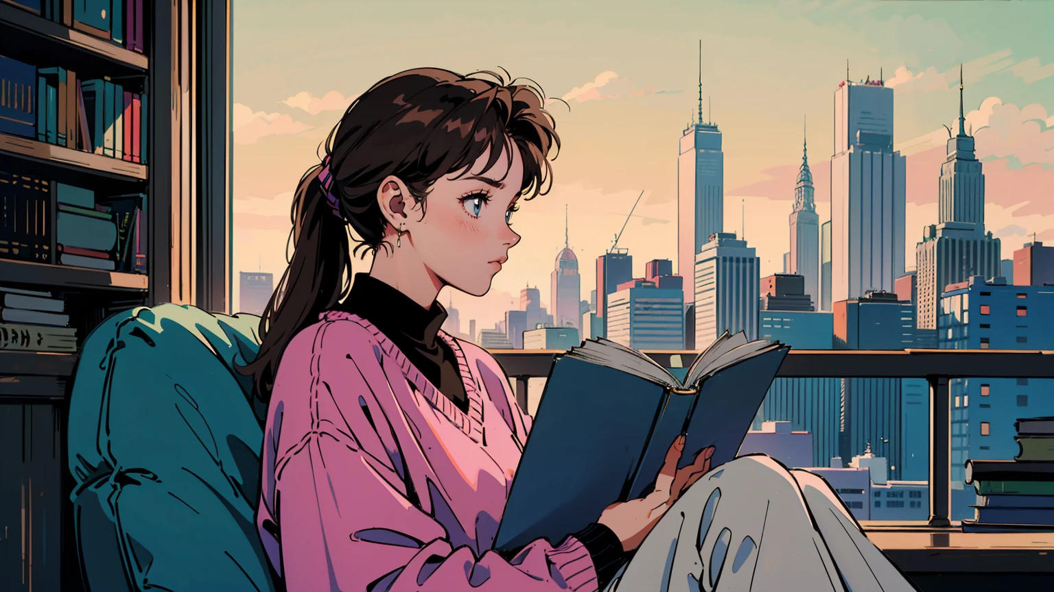 Highest quality, 8k, 1990s style, Hairstyles of the 2010s, 21 year old girl, Brown Hair, ponytail, Gray Eyes, City Pop, jumper, Reading a book in the library, whole body, Library Background, concentrating on reading, Intellectual profile