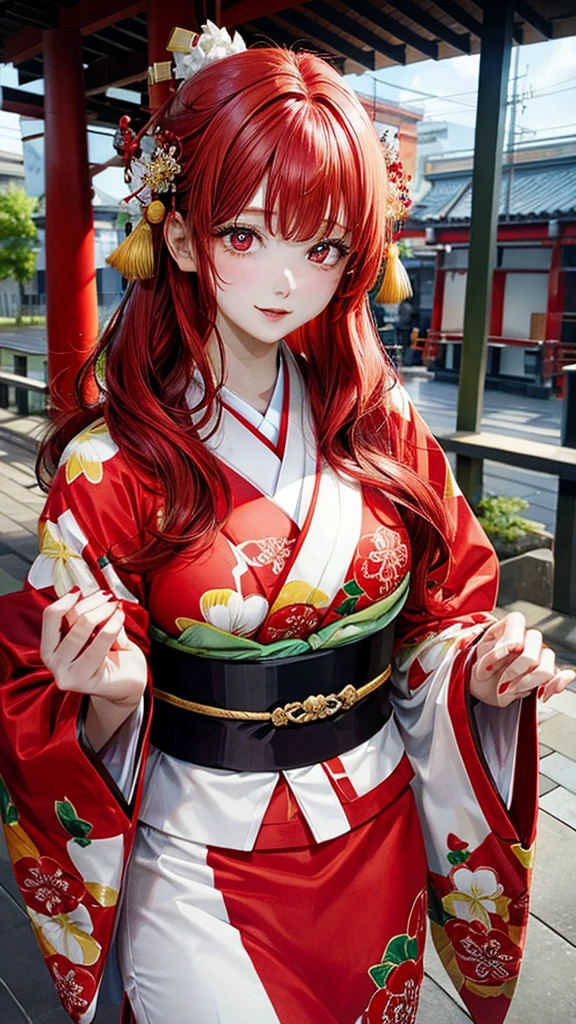 a red-haired, red-eyed woman with very large breasts wearing a kimono