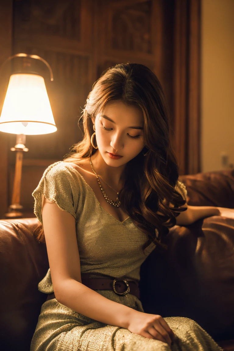 (Highest quality:1.4),(masterpiece:1.4),(Realistic:1.4),(Realistic:1.2),(超High resolution, RAW Photos:1.4),(High resolution, Very detailed:1.2),(8k:1.2),View your audience,Cinematography,One Girl,skeletally correct,Brown haired woman,(Small earrings,necklace,well-fitting dress,Long Flared Skirt,View from the front),(Inside the Western-style building,Dimly lit room,The lamplight shines on my cheeks,Sit on the sofa)、Little wavy hair