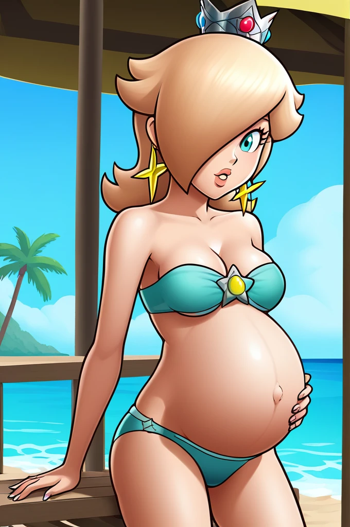 score_9, score_8_up, 1girl, solo, rosalina, style parody, thick outlines, bikini, panties, pregnant belly, sleeveless, strapless, cleavage, indoors, beach, medium breasts