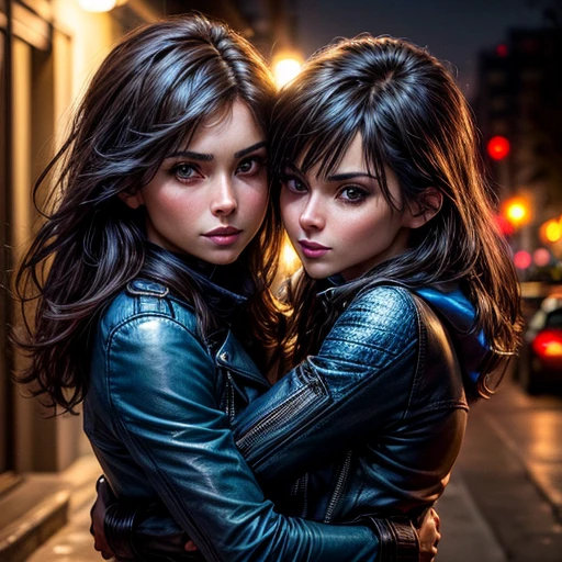 Best quality, realistic, from the front in first person, Nina Dobrev on the street of Los Angeles, (a female mexican Supermodel), (sexy blue leather jacket:1.1), split, seductive smile, (dark hair), (hairstyle:1.0), Perfect eyes, sharp parts, detailed face, face-makeup, cheeks turn red, Eyeliner, eyeshadow, lip gloss, Supermodel, (Deep Focus), (hard lighting), (Night time), (realistic lighting:1.0) (( two lesbians kiss and hug))