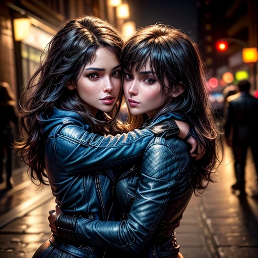 Best quality, realistic, from the front in first person, Nina Dobrev on the street of Los Angeles, (a female mexican Supermodel), (sexy blue leather jacket:1.1), split, seductive smile, (dark hair), (hairstyle:1.0), Perfect eyes, sharp parts, detailed face, face-makeup, cheeks turn red, Eyeliner, eyeshadow, lip gloss, Supermodel, (Deep Focus), (hard lighting), (Night time), (realistic lighting:1.0) (( two lesbians kiss and hug))
